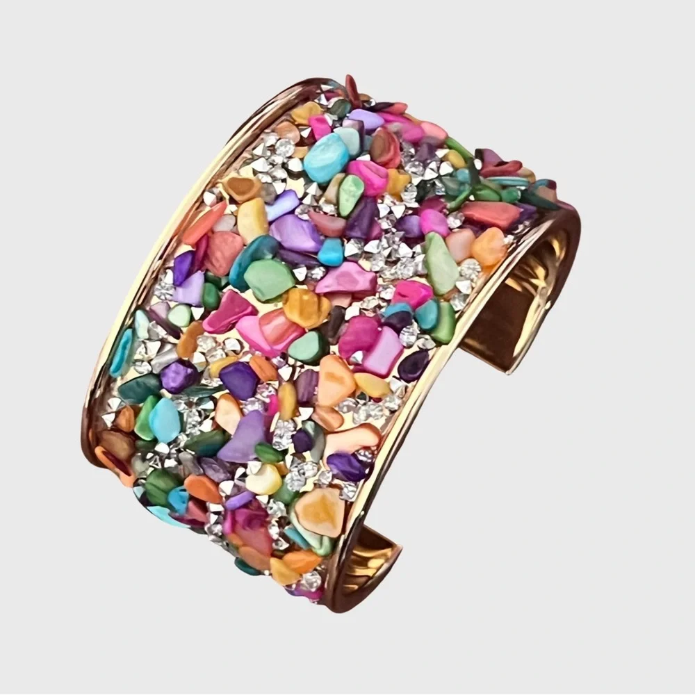 Multicolor Stone Embellished Gold Cuff Bracelet - Picture 5 of 10